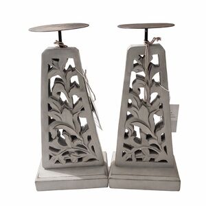Artisan Market Gray Filigree Candle Holders Set 2 Wood Cutout Taper Stands NWT